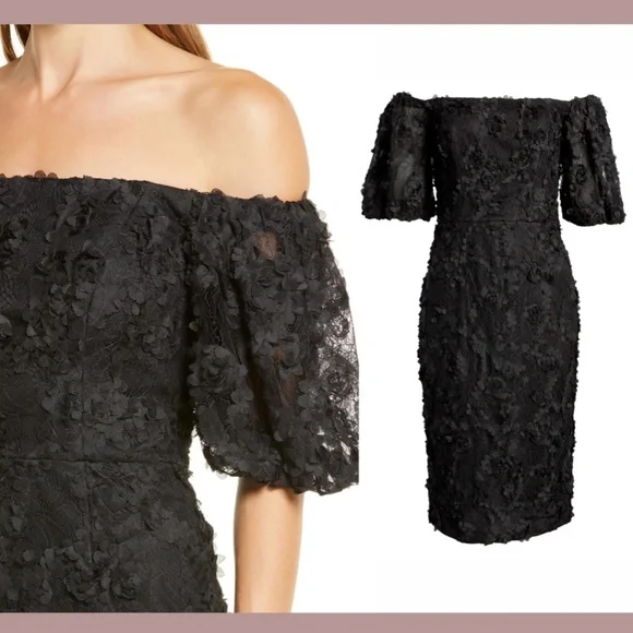 NWT $248 XSCAPE‎ [ 2 ] Off Shoulder 3D Lace Sheath Dress in Black